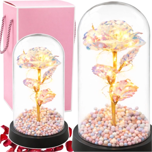 Rose éternelle en cristal sous cloche en verre avec éclairage LED 21,5 × 11 cm