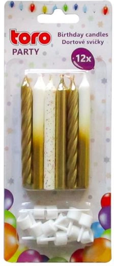 TORO cake candles with holders, 7.5 cm, gold and white, 12+12 pcs