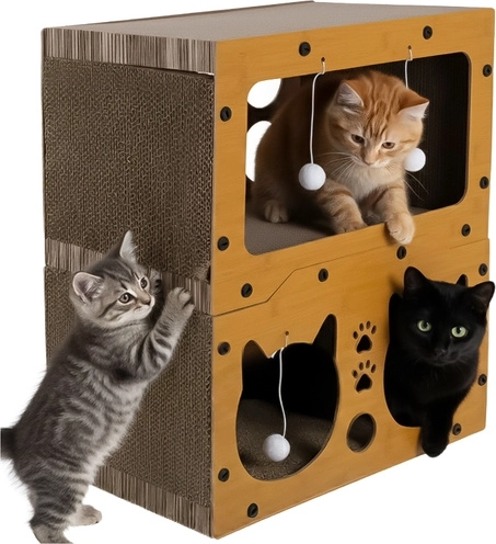 Krabpaal voor katten Purlov tweelaags huisje van HDF en golfkarton 51,5 × 45,5 × 28 cm