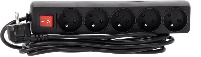 Surge-protected power strip with switch, 5 sockets, 3 m, black