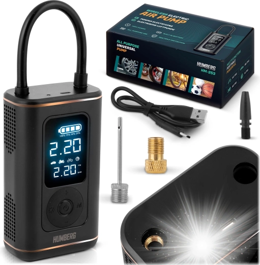 Draadloze mini-compressor HUMBERG met digitale manometer en LED-licht