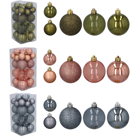 Set van 27 kerstballen in olijf-, koper- en grafietkleur