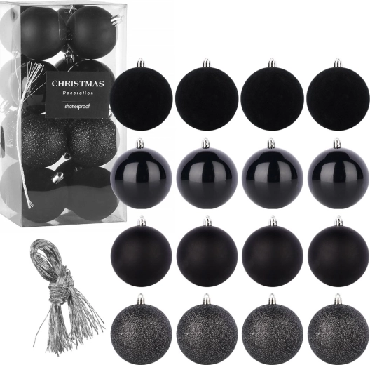 Shatterproof black Christmas baubles 6 cm, set of 16