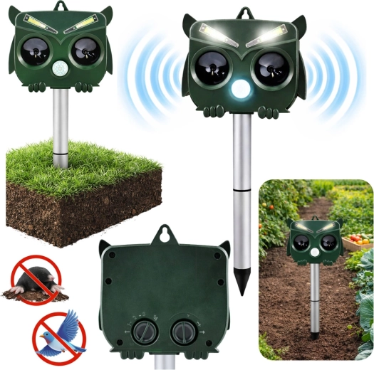 solar ultrasonic animal repeller owl with PIR sensor and LED