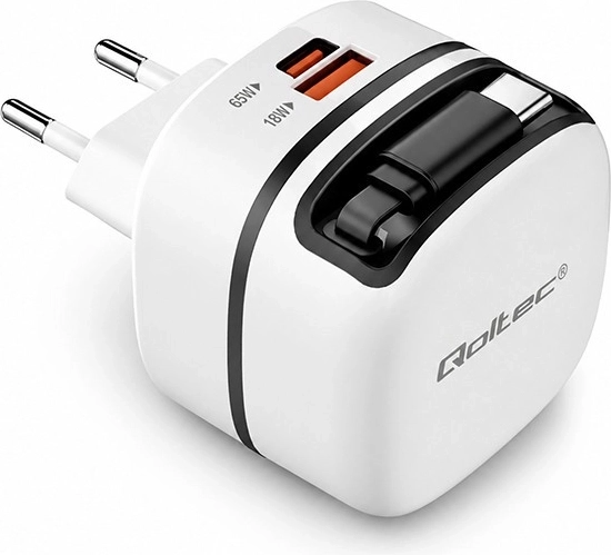 Qoltec GaN-netlader 65 W USB‑C PD PPS met uitschuifbare kabel
