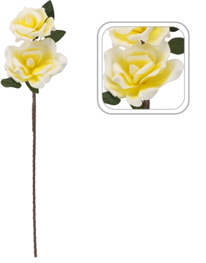 Decorative artificial rose with 2 blooms, 72 cm, yellow