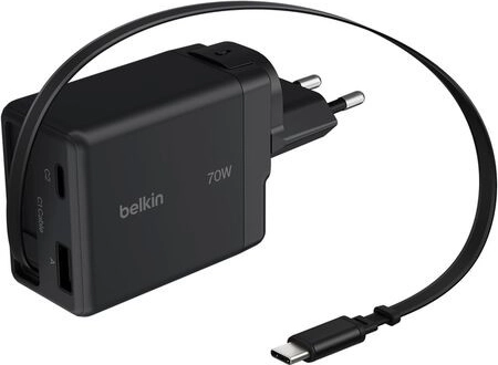 Chargeur GaN de voyage Belkin 70 W avec câble USB-C rétractable