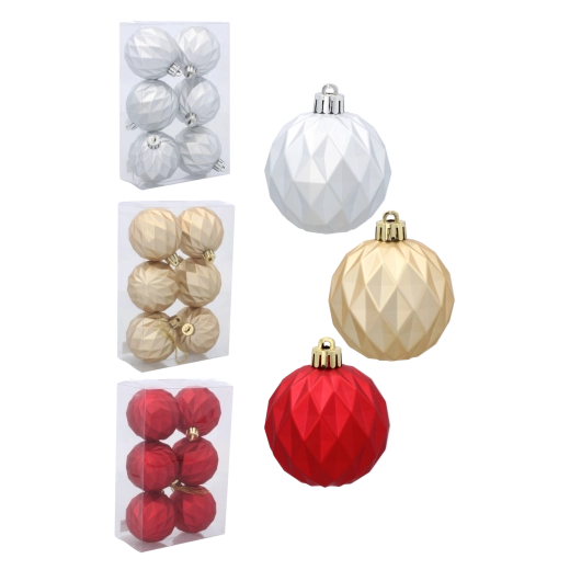 Set geometrischer Weihnachtskugeln 6 cm – Rot, Gold und Silber (6 Stk.)
