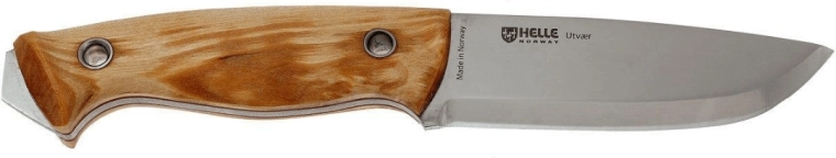 Helle Utvær couteau outdoor 10 cm, bouleau frisé, étui en cuir