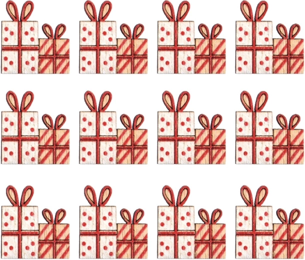 Wooden self-adhesive gift-shaped decorations 3 cm (12 pcs)