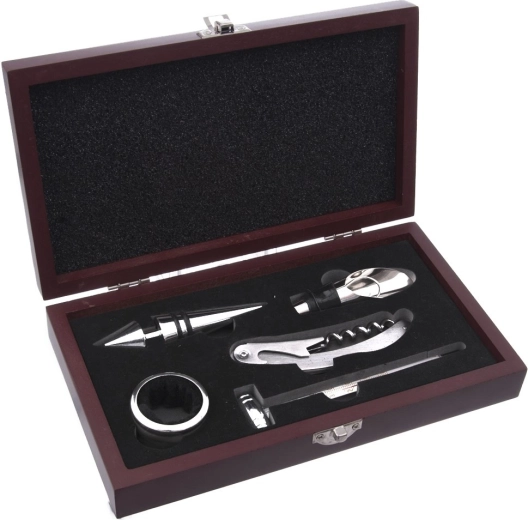 Set d’accessoires pour vin dans un coffret en bois, 5 pièces