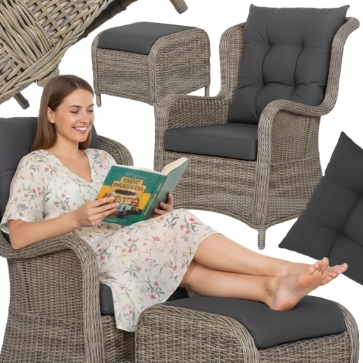 Fauteuil de jardin avec repose-pieds et coussins SONATA en polyrotin – gris