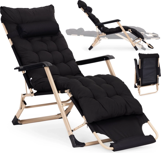 Garden beach lounger with padding, headrest, and adjustable footrest, black – MultiGarden