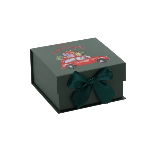 Weihnachts-Geschenkbox mit Auto-Motiv und grüner Schleife - 1 Stück