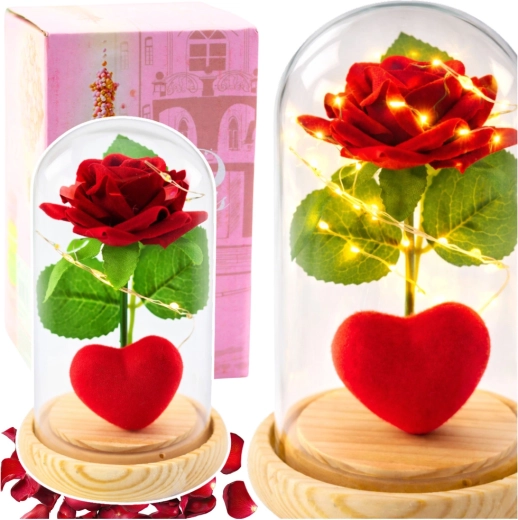 Ewige rote Rose unter einer Glasglocke mit LED-Beleuchtung und Herz