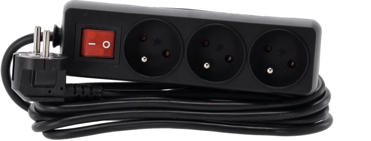 Surge-protected power strip with switch, 3 sockets, 3 m, black