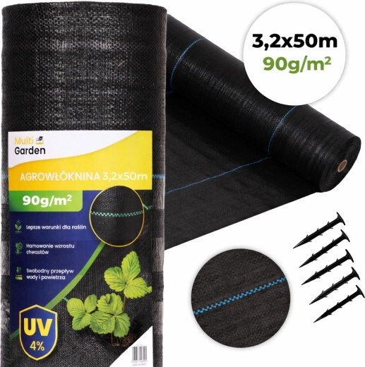 UV-bestendige anti-worteldoek 90 g/m² 3,2 × 50 m met grondpennen, MultiGarden