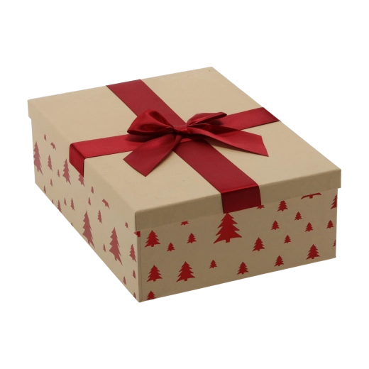 Festliche Geschenkbox braun mit bordeauxfarbener Schleife 30,5 × 22 × 10 cm - 1 Stück