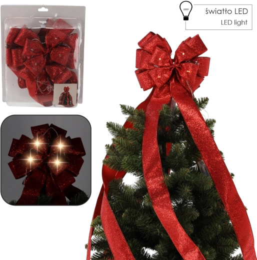 Noeud de Noël pour cime d’arbre avec éclairage LED, rouge, 2,1 m