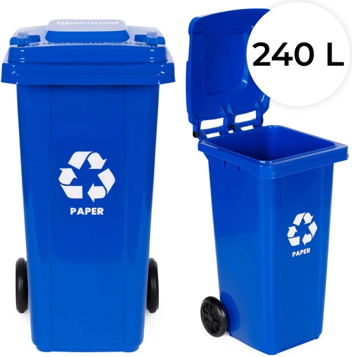 Blauwe papiercontainer 240 l met rubberen wielen