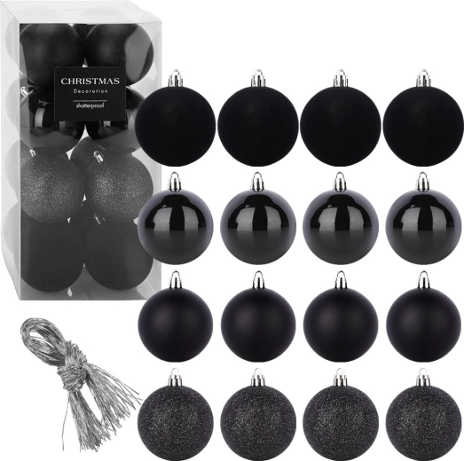 Shatterproof black Christmas baubles 8 cm, 16 pcs