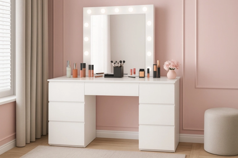 Coiffeuse cosmétique blanche avec miroir LED et 7 tiroirs