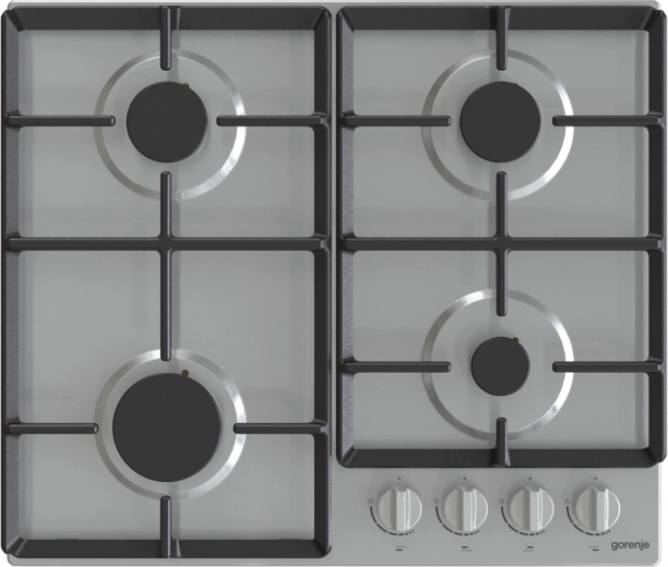 Table de cuisson à gaz en inox avec 4 brûleurs et grilles en fonte