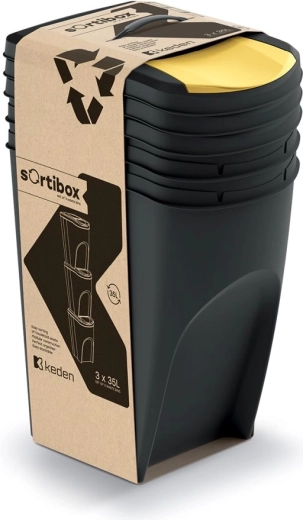 Set aus 3 Behältern für Mülltrennung SORTIBOX 3×35 l – Schwarz aus Recyclingmaterial
