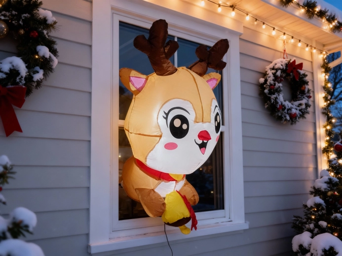 Renne lumineux gonflable pour fenêtre 90 cm avec LED et ventouses