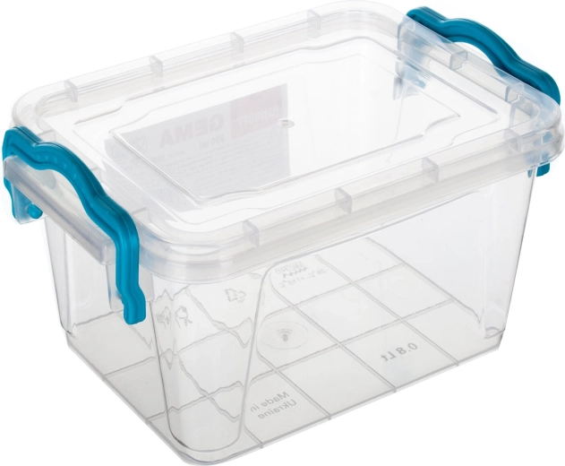 Opbergbox Gema 0,8 l met deksel en clips, transparant/turquoise