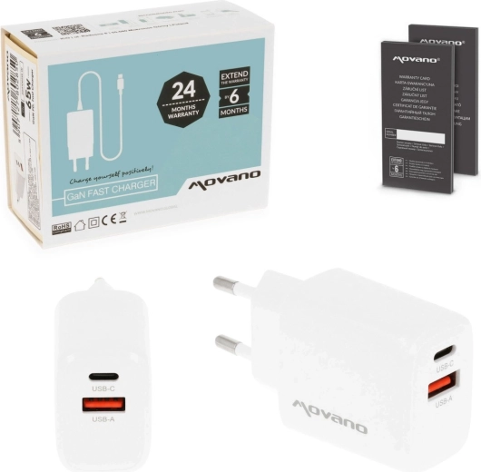Movano GaN charger 30 W USB-C PD + USB-A white - 1 pc