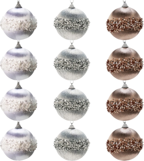 Set of shatterproof Christmas ornaments white, silver and champagne 8 cm – 12 pcs