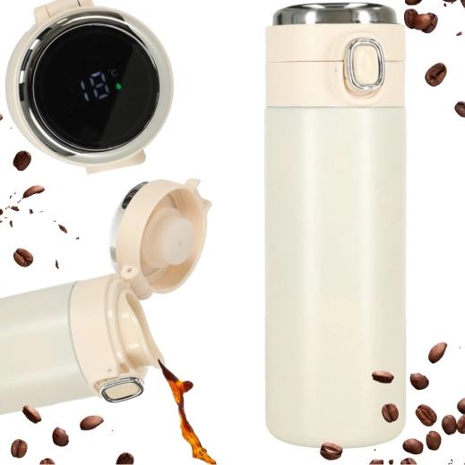 Thermal mug with drinking spout and LED display, 350 ml – Beige