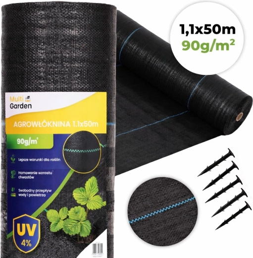 UV-bestendige onkruidwerende doek 90 g/m², 1,1 × 50 m met pennen, MultiGarden