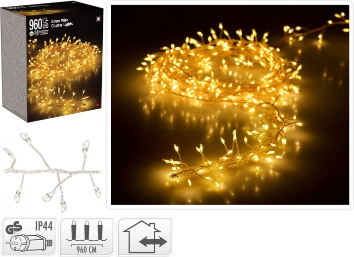 Éclairage LED de Noël 9,6 m 960 LED blanc chaud sur fil argenté