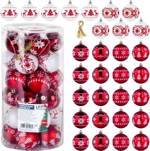 Set onbreekbare kerstballen rood en wit 6 cm, 30 stuks