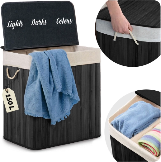 Bamboo laundry hamper with lid 150 L, 3-compartment