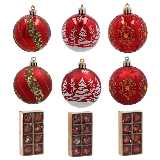 Set de boules de Noël 6 cm – rouges, motifs assortis, 8 pcs, incassables