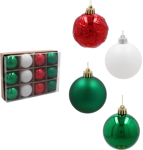 Set aus Weihnachtskugeln 6 cm – rot, grün und weiß, unzerbrechlich, 12 Stk.