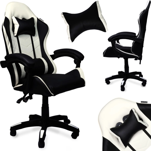 Fauteuil gaming pivotant en similicuir noir et blanc