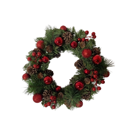 Couronne de Noël 36 cm avec pommes de pin et décorations rouges