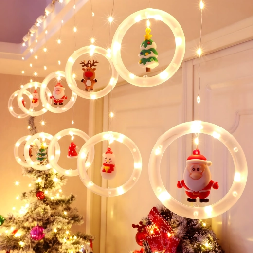 LED-Lichtervorhang mit Weihnachtsringen und Figuren – 1 Stück