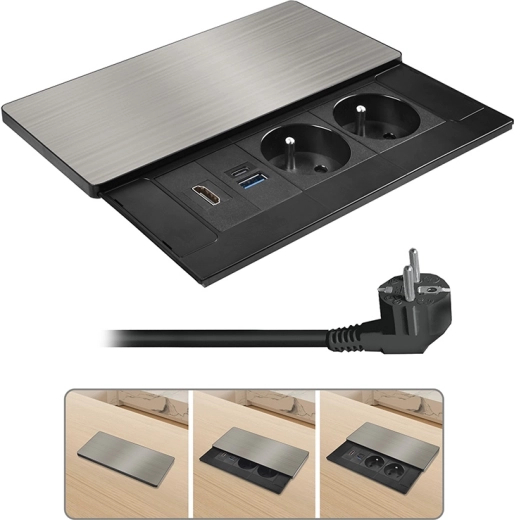 Solight inbouwmodule met stopcontacten, schuifdeksel, HDMI en USB-opladen 20 W PD, zilverkleurig