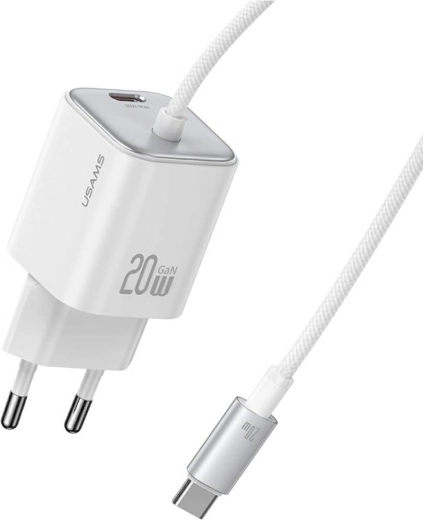 USAMS JC Serie 20 W GaN Mini-Ladegerät 2× USB‑C mit integriertem USB‑C Kabel, weiß