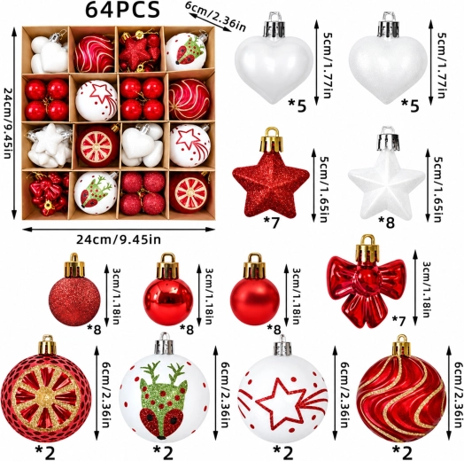 Christmas Shatterproof Tree Ornaments, Set of 64 Pieces