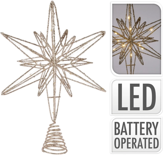 Ster voor de kerstboom in de vorm van een ster met 20 ledlampjes, 33 cm, champagne/goud