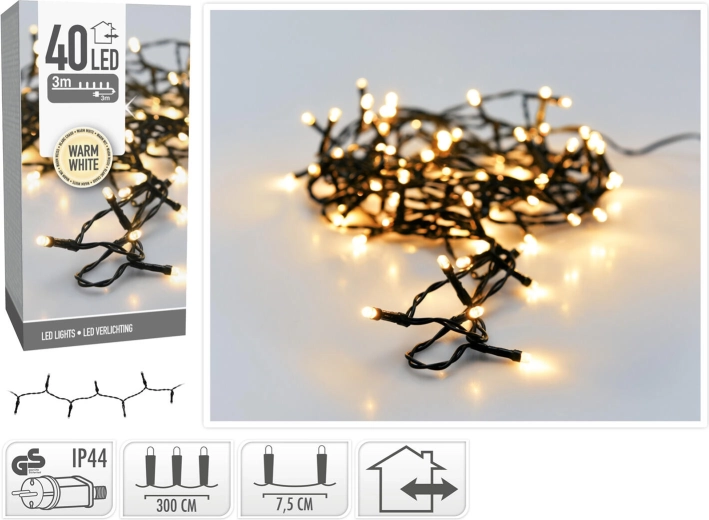 Guirlande lumineuse LED de Noël 3 m, 40 LED, blanc chaud, IP44