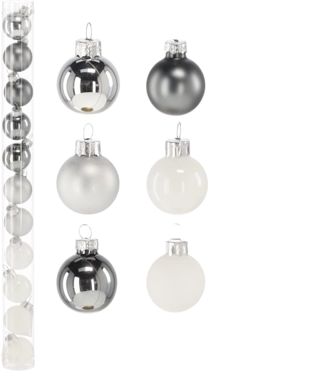 Set de boules de Noël en verre 3 cm – blanc et argent, finitions mixtes, 11 pcs