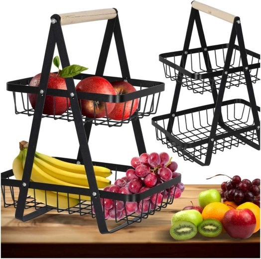 Panier à fruits métallique à deux niveaux avec poignée en bois
