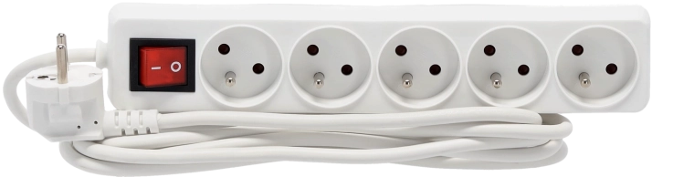Surge-protected extension strip with switch, 5 outlets, 3 m, white